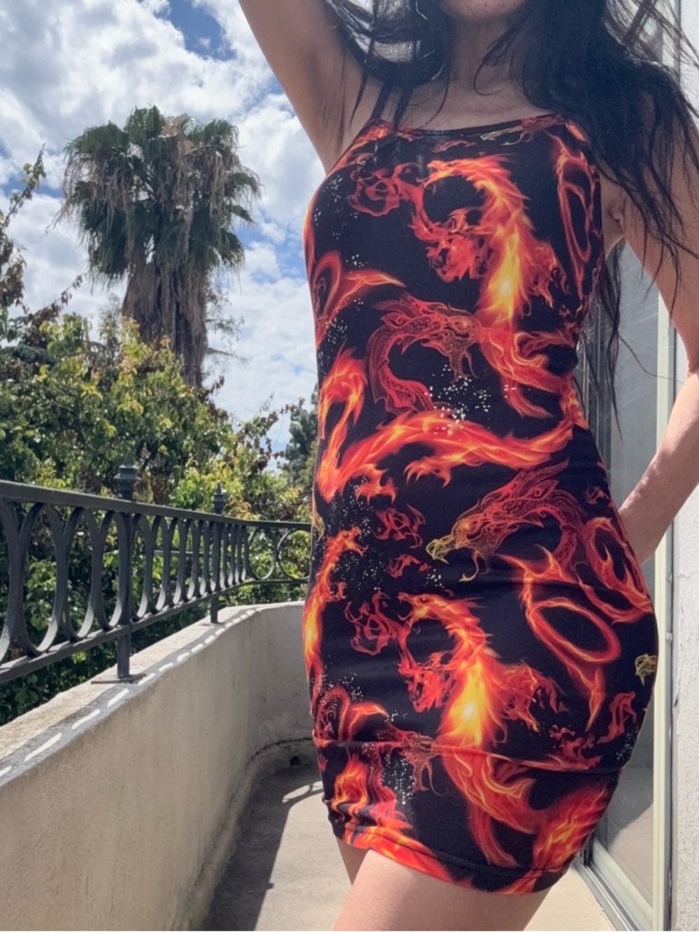 SHEIN Black Mini Dress with Red & Orange Flame Print